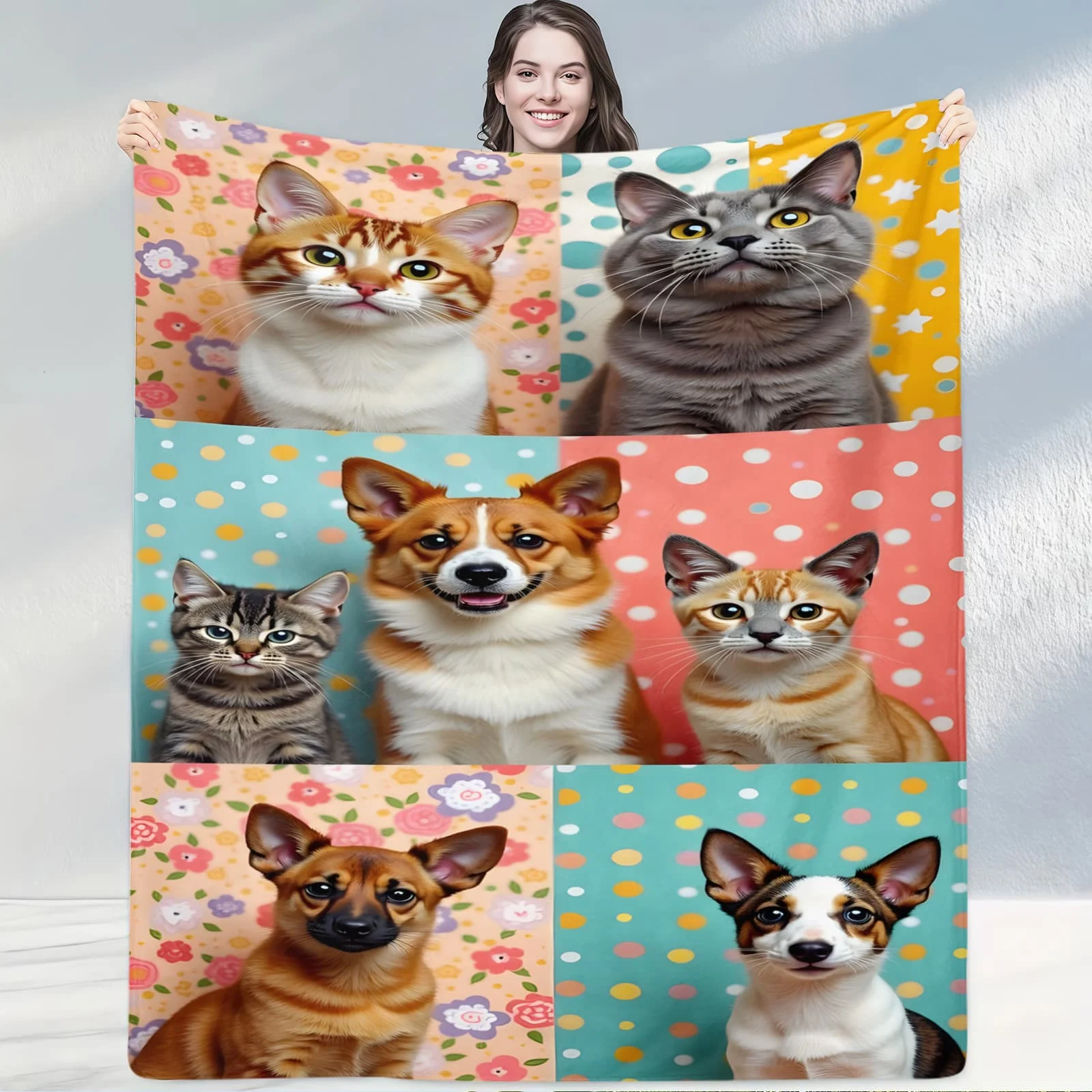

Cute Pet Color-Block Collage Flannel Blanket: Vibrant Soft Bedding for Bedrooms & Lounges, Ideal for Cat&Dog Lovers&Playful Home
