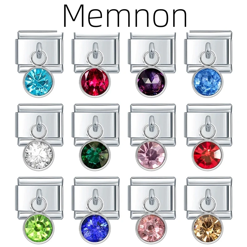 Memnon Top New Fashion 12 Month Birthday Colour Dazzling CZ Links Charm Fit 9mm Bracelet Stainless Steel Jewelry Making