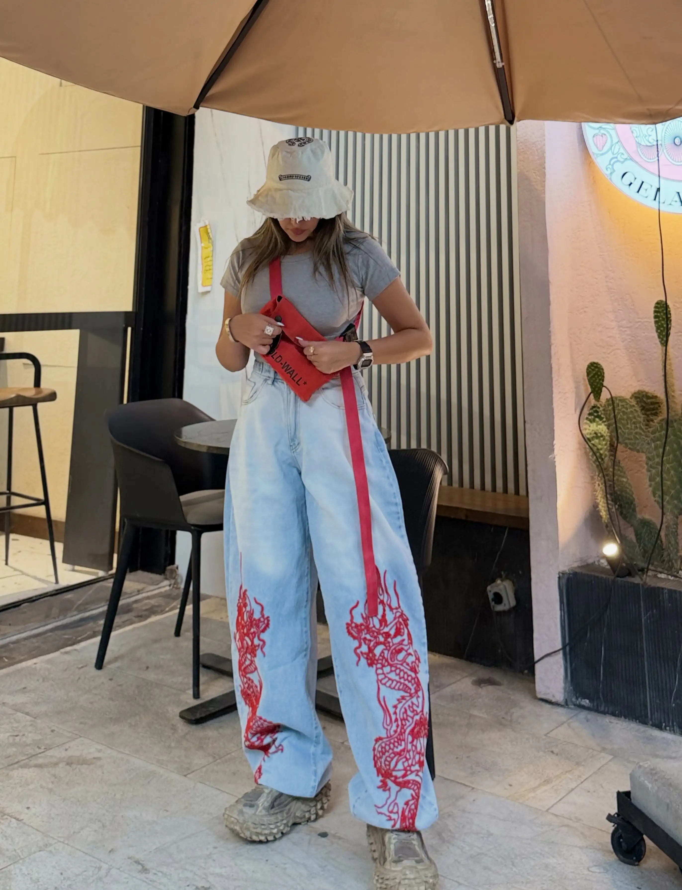 Women Y2K Baggy Jeans Red Dragon Embroidery Vintage Washed Denim Pants High Waist Loose Wide Leg Hip Hop Casual Oversized Denim
