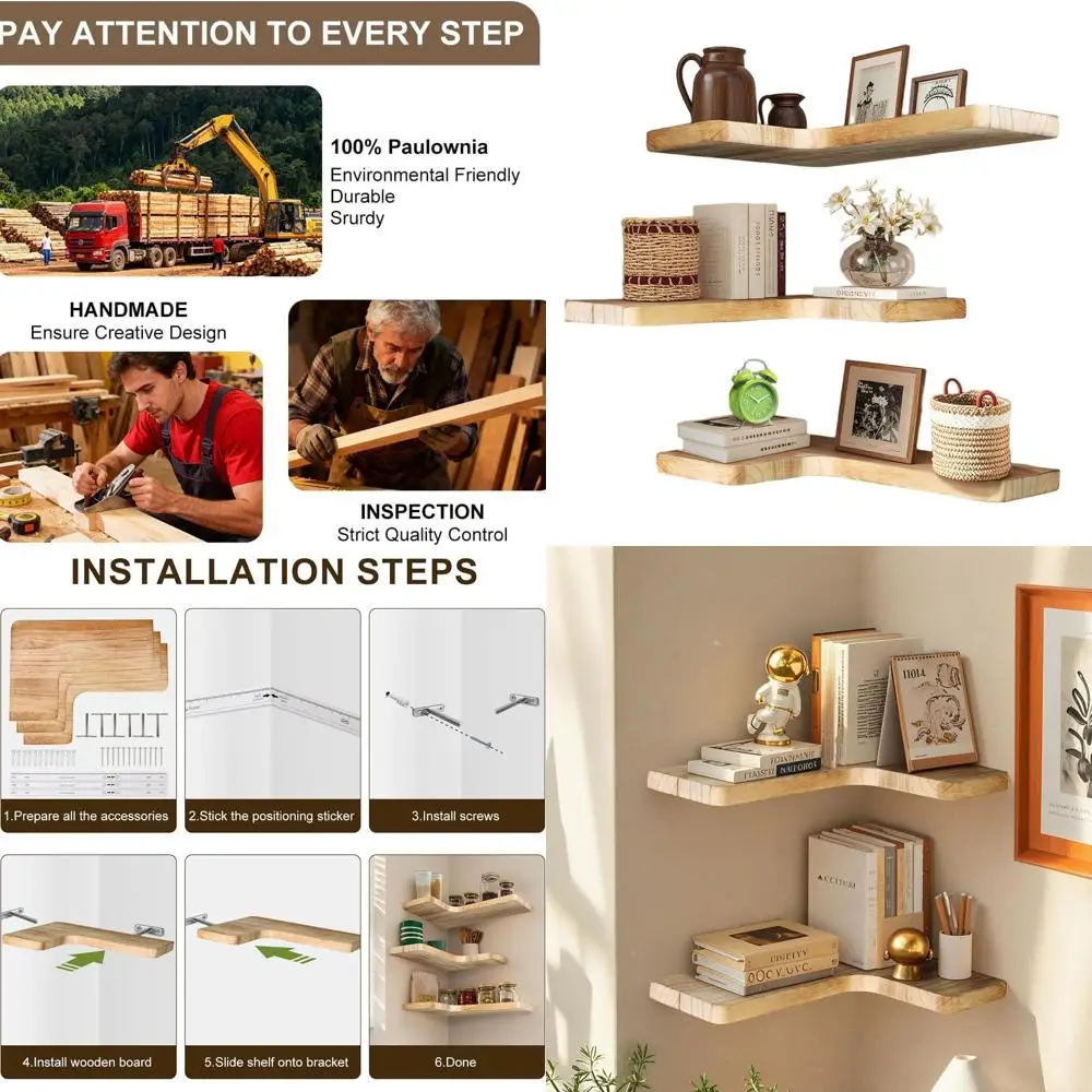 

Set of 3 Solid Wood Corner Shelves, Wall-Mounted Storage for Home Décor in Various Rooms (Light Burnt)