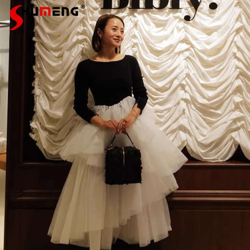 

2025 New Ladies Ballet Style Long Sleeve Elegant Long Dress Spring Autumn New Women's Slim Fit V-neck Mesh Patchwork Dresses