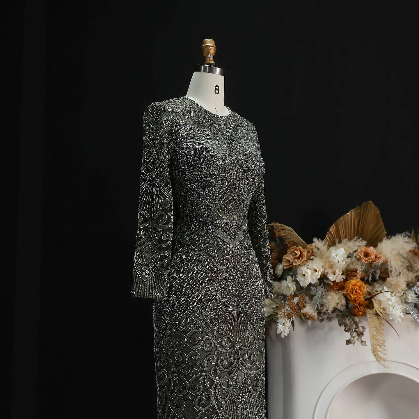 Sharon Said Dubai Übergröße Schwarzes Langarm-Paillettenkleid mit Perlen, Meerjungfrauen-Abendkleid, Saudi-Arabisches Damen-Ballkleid SS056 Maßanfertigung – Detail 7
