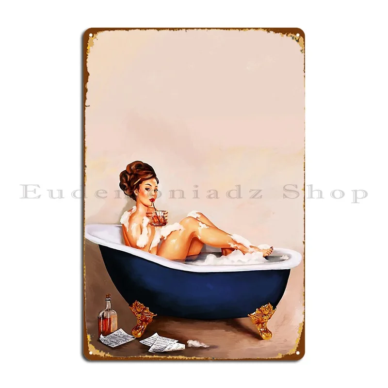 Bathtub Whiskey A Cute Vintage Brunette Pinup Girl Enjoys A Bath And Cocktail Metal Sign Wall Plaque Designs Cinema Plaques