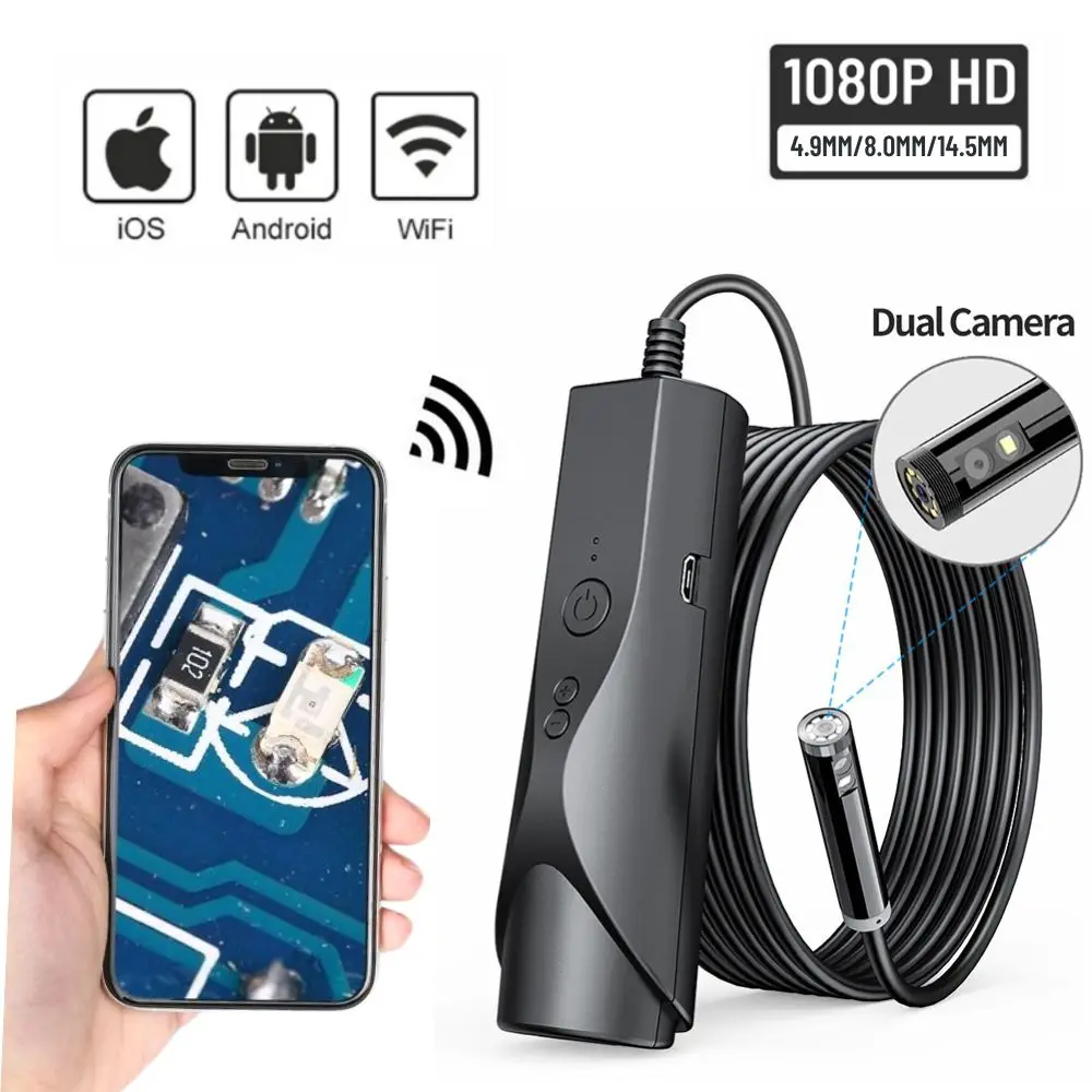 

4.9mm 8.0mm WIFI Dual Lens Endoscope Camera 1080P Flexible Borescope for Pipeline Car Inspection Support IOS Android Phone