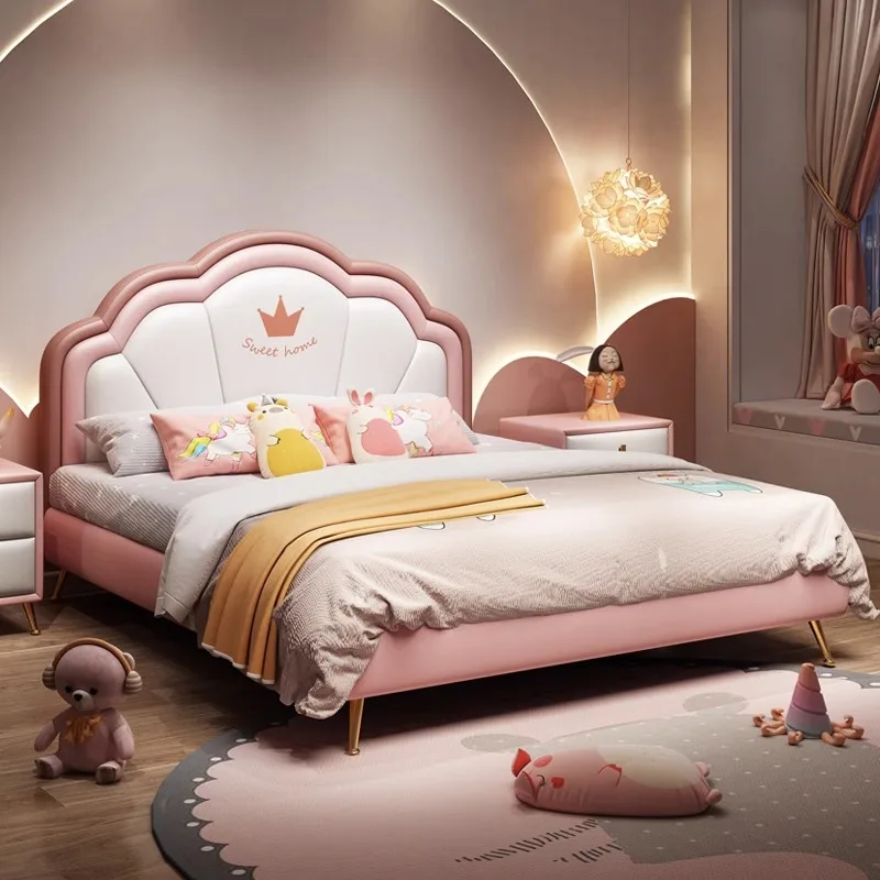 Crown Princess Small Cute Children Bed High Quality pink Leather Kid Bed Child Design Children's Bed for Girls Home Bedroom