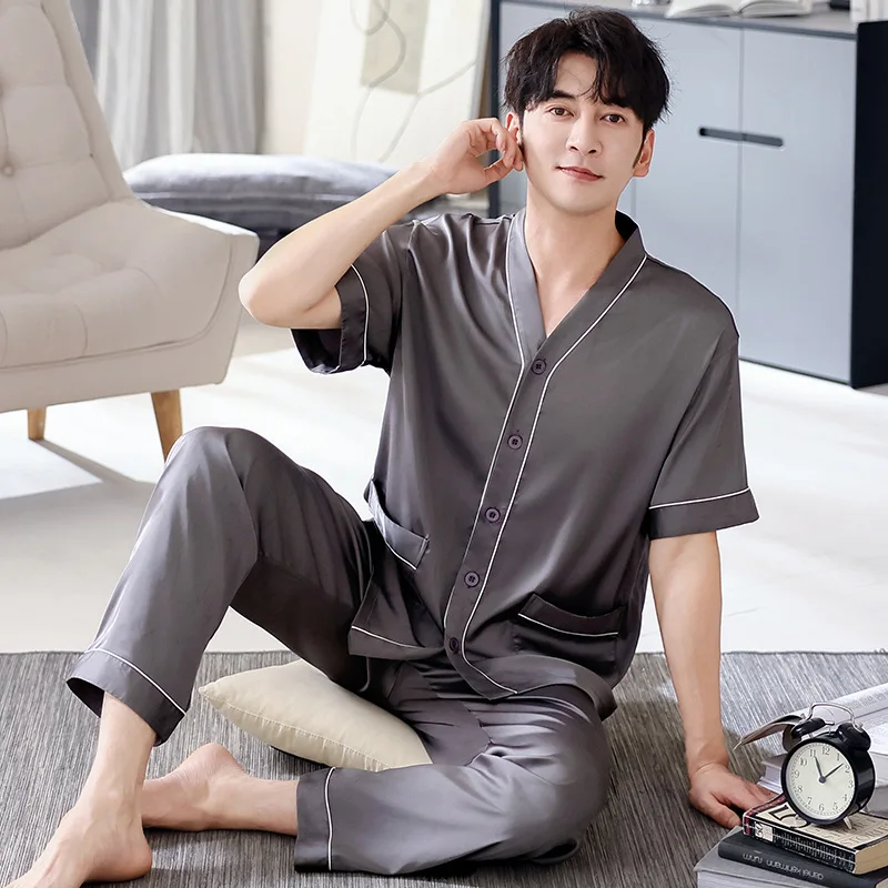 

Big Size L-4XL Men's Loose Breathable Ice Silk Pajamas Short Sleeve Long Pants V-Neck Kimono Cardigan Summer Loungewear New