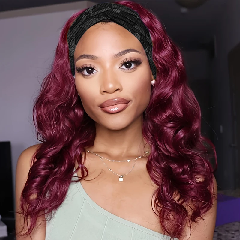 

Объемная волна 99J Бордовая повязка на голову Парик Человеческие волосы Бесклеевая повязка на голову Парик Без кружева Фронтальный парик Машинное производство Человеческие волосы для чернокожих женщин