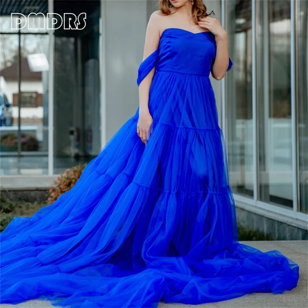 Princess Royal Blue Women's Tulle Formal Dress, Photoshoot Prom Dresses With Train Off Shoulder Party Gown Maxi Dresses