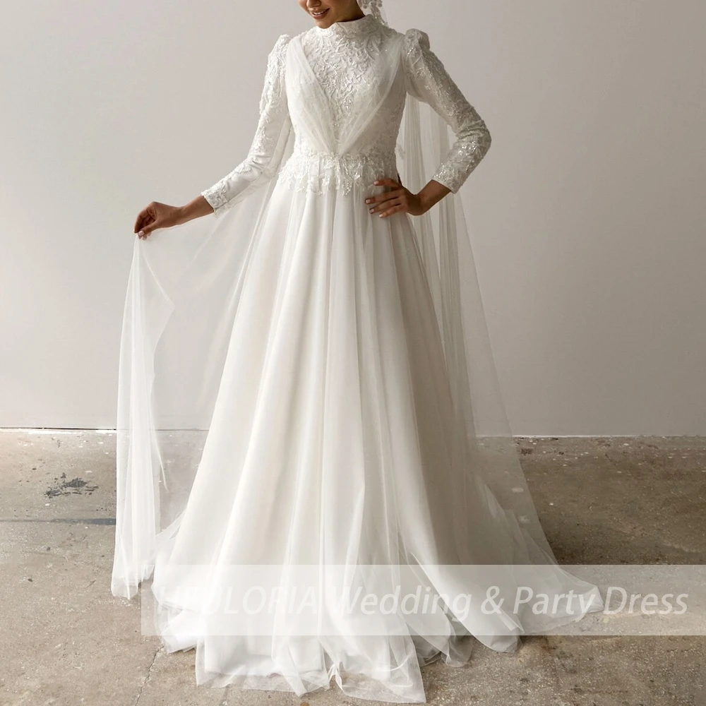 Vestido de Noiva Muçulmano Manga Longa, Vestido De Noiva De Pescoço Alto, Rendas Beading, Elegante, Plus Size