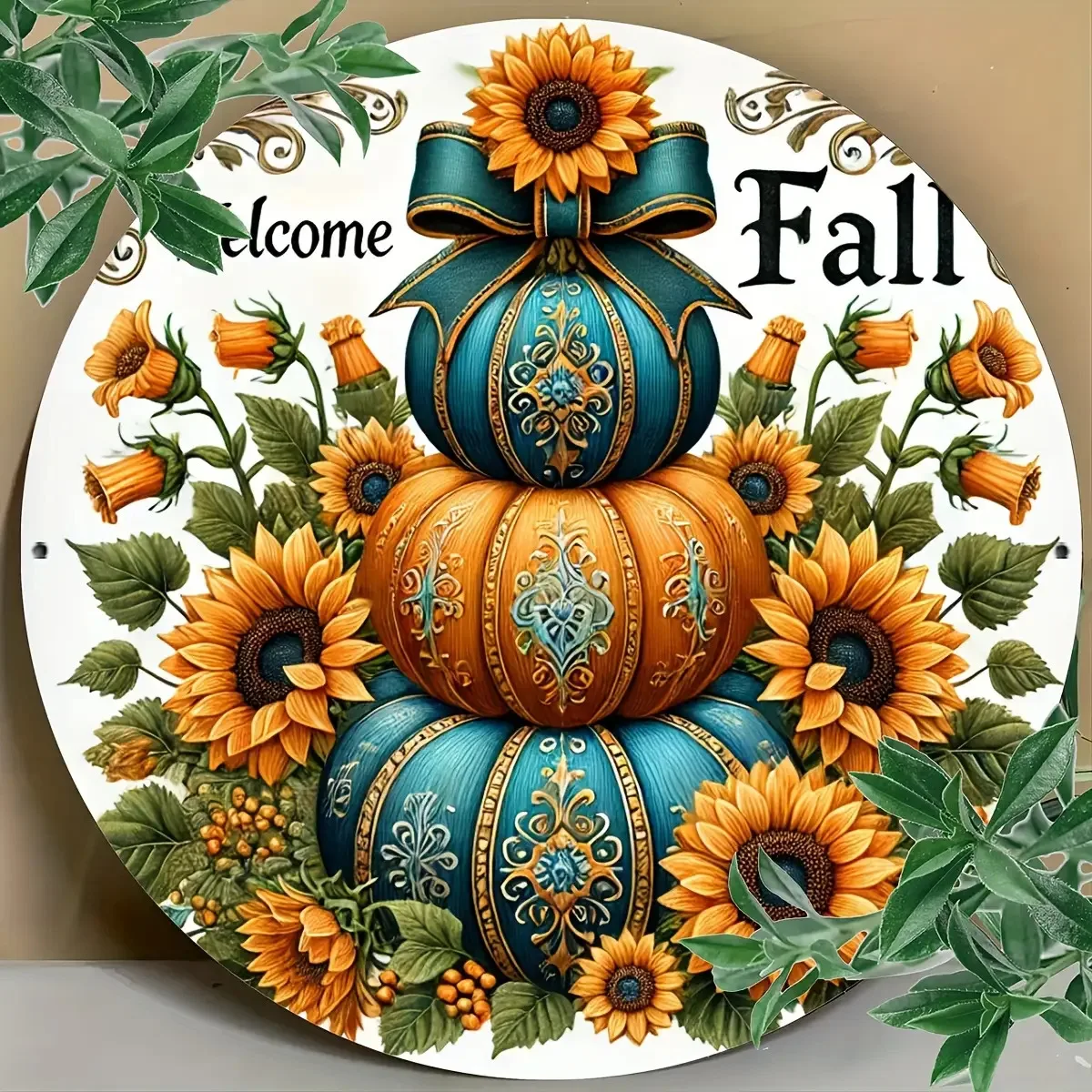 Vintage Halloween Metal Wall Decor 8x8 Rustproof Pumpkin Sign, Blue Orange Yellow Green Gold, Heavy Duty Iron Round Plaque for H