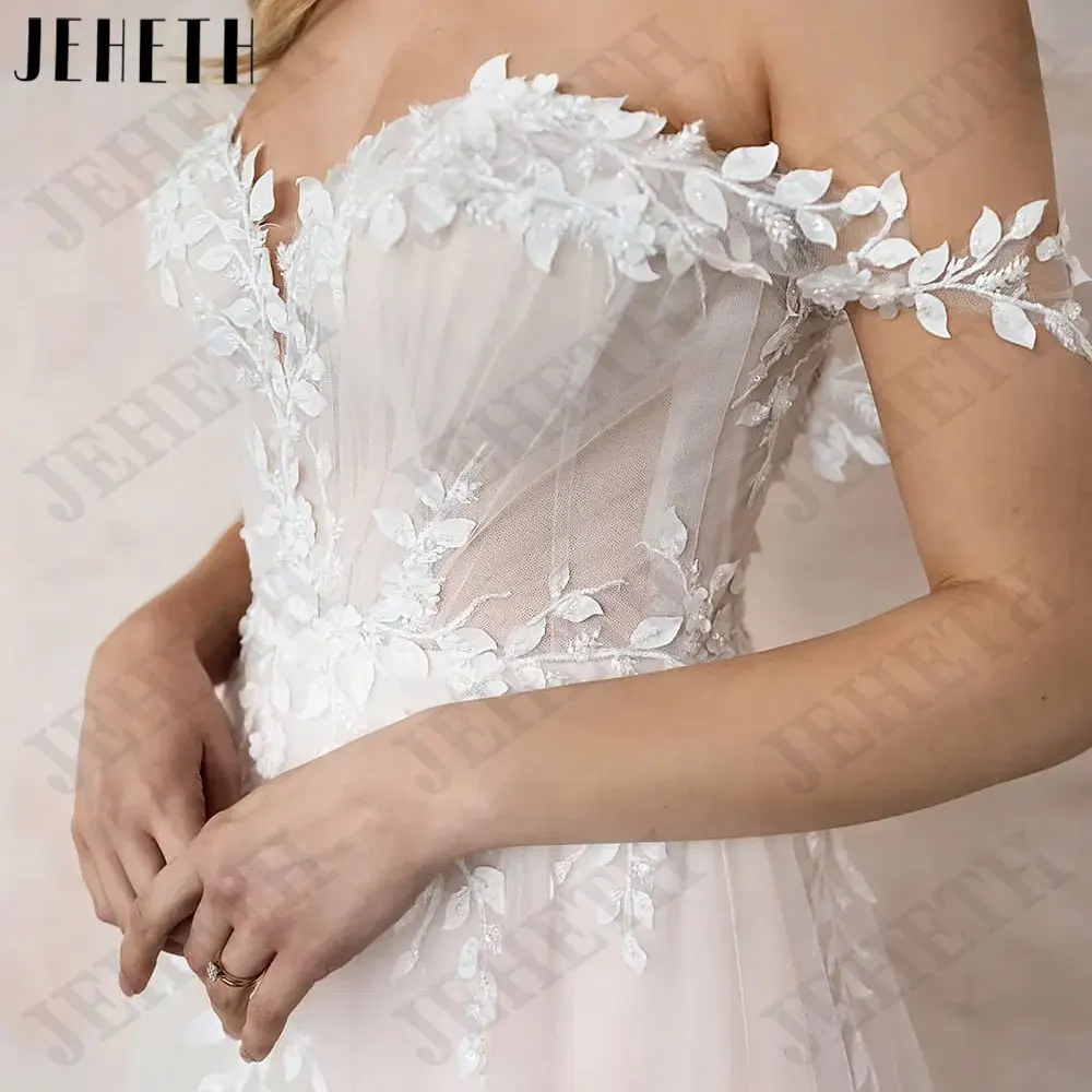 JEHETH Off Shoulder Sweetheart Neck suknie ślubne bez rękawów Backless suknia panny młodej linia A aplikacje tiul Vestido de novias 2024JEHETH Off Shoulder Sweetheart Neck suknie ślubne bez rękawów Backless suknia pann