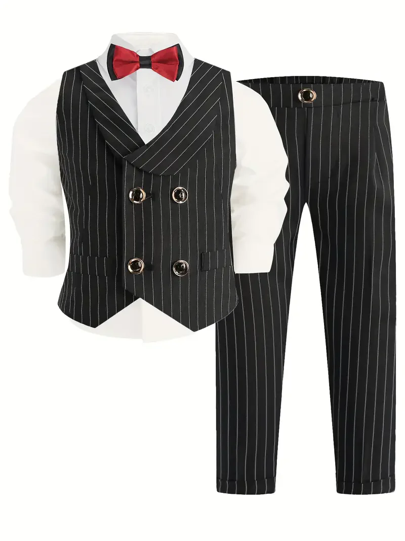 Boys Summer Black Stripe Wedding Birthday Outfit Kids Vest Pants Bowtie Bouquet 4Pieces Piano Host Stage Show Photography Suit