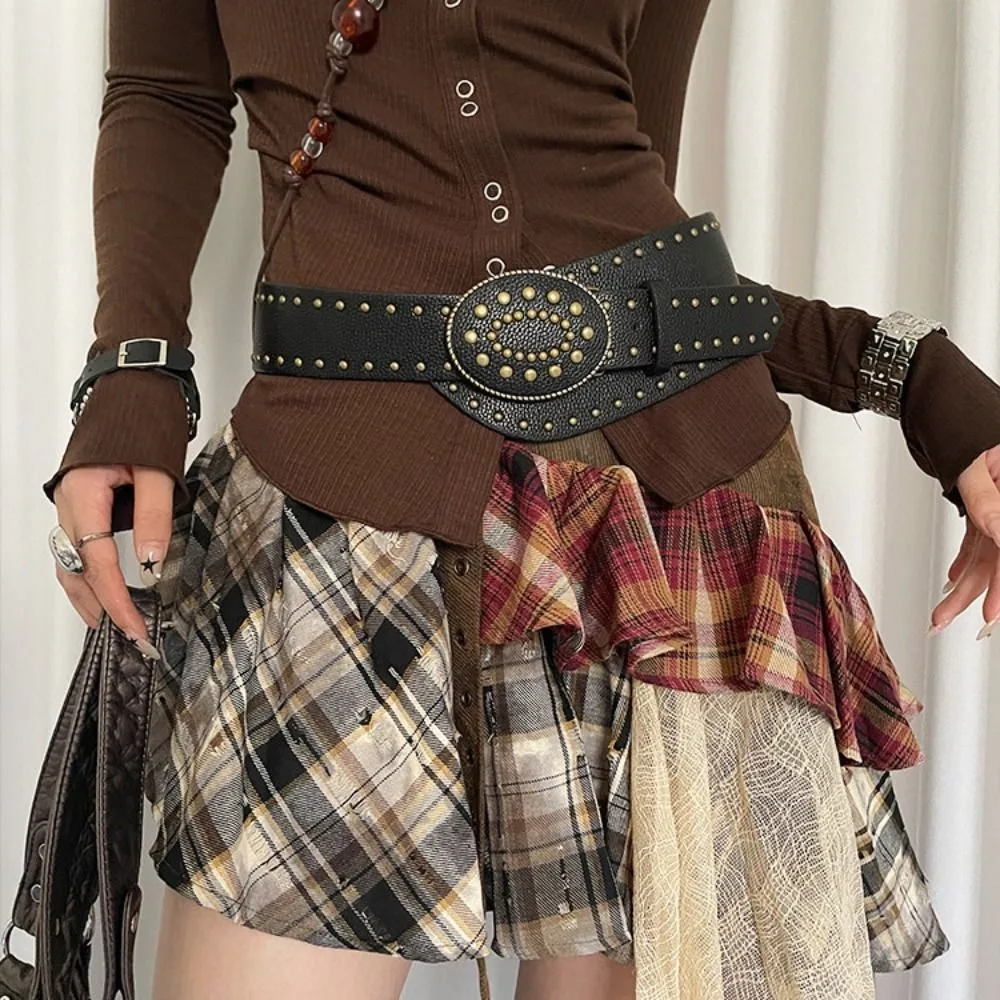 

Rivet Retro Street Rivet Belt Rhinestone Flower Y2K Wide Waistband Round Buckle Harajuku PU Leather Belt Clothing Accessories