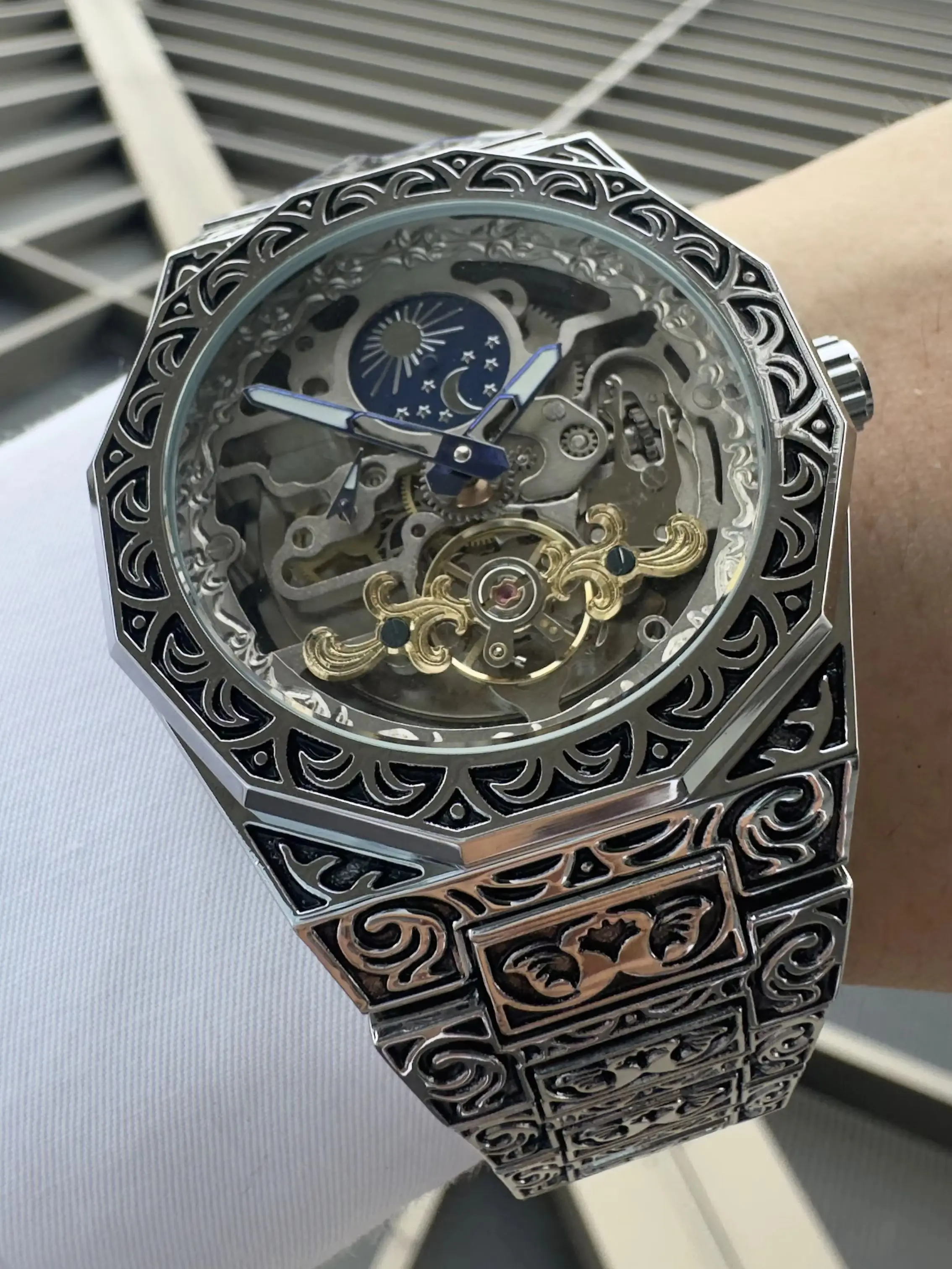 Forsining Moon Phase Skeleton Automatic Mechanical Watch for Men Retro Luxury Tourbillon Mens Watches Stainless Steel Strap New