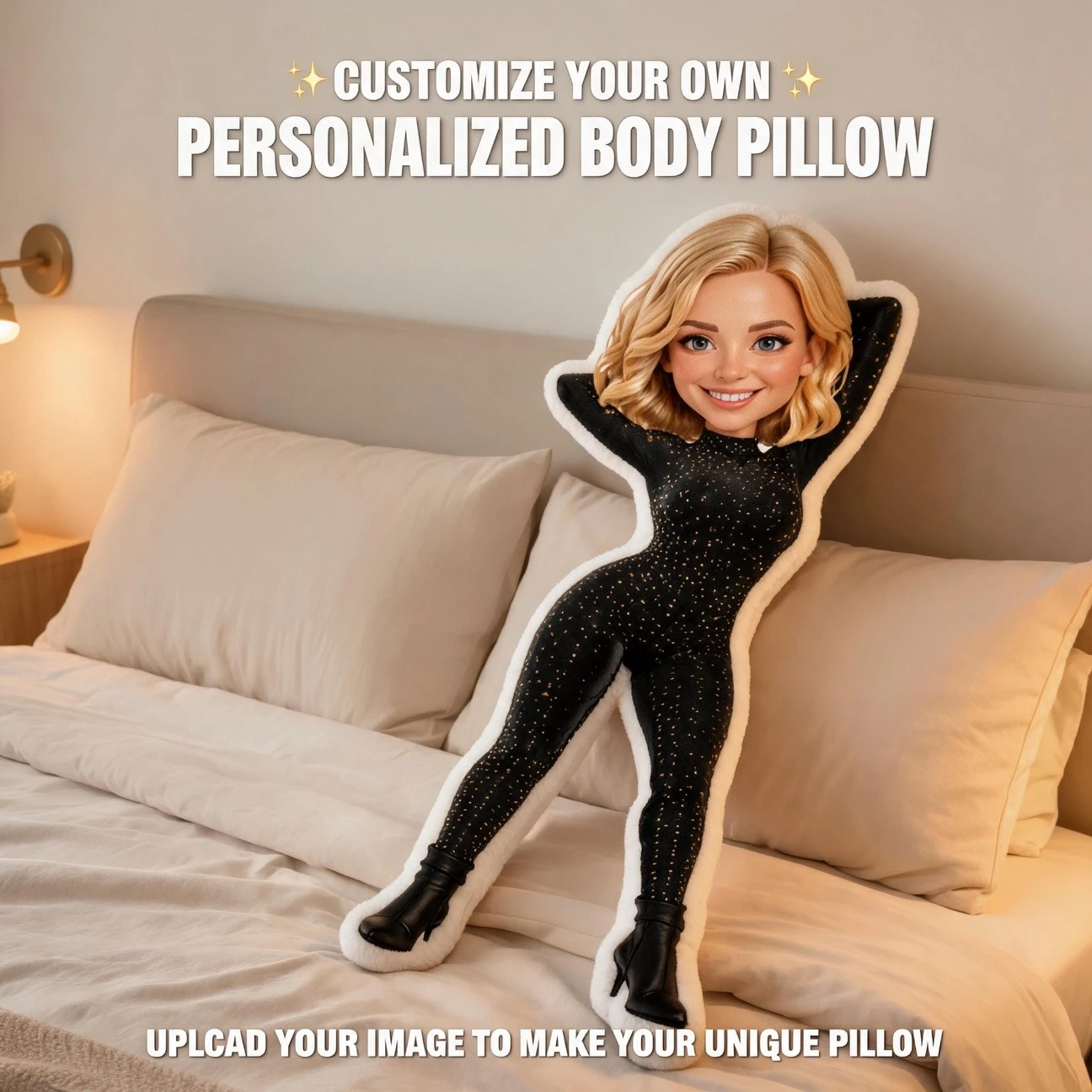Custom Personalized Photo Shaped Pillow, Blonde Woman in Black Sparkly Bodysuit Custom Face Decorative Cushion, Unique Home Deco