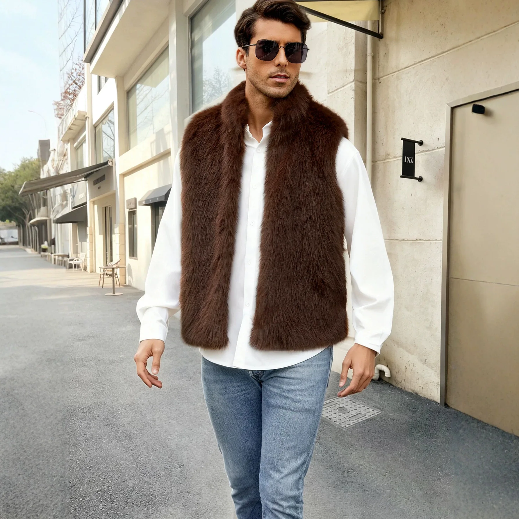 Men Faux Fox Fur Vest Sleeveless Jackets Stand Collar Short Coat Thick Warm Y2k Streetwear Open Front Casual Work Outerwear