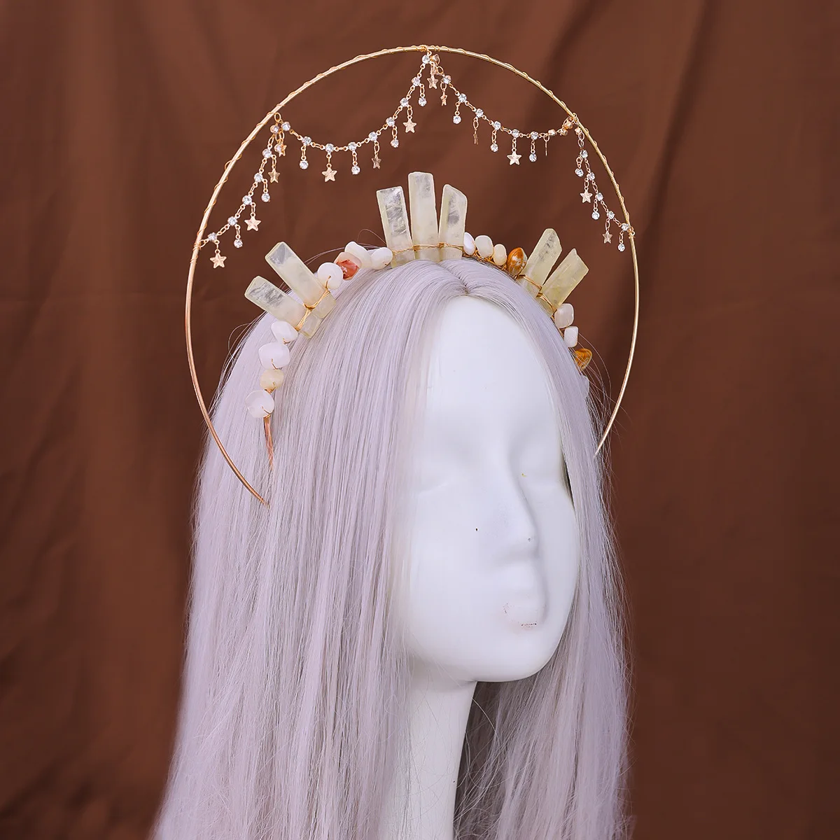 New Goddess Halo Show Cosplay Halloween Gothic Headdress Natural Crystal Crown with Tassel