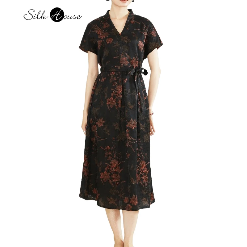 

100% Natural Mulberry Silk Gambiered Guangdong Gauze V-neck Shoulder Short Sleeved Women's Fashionable A-line Printed Dress