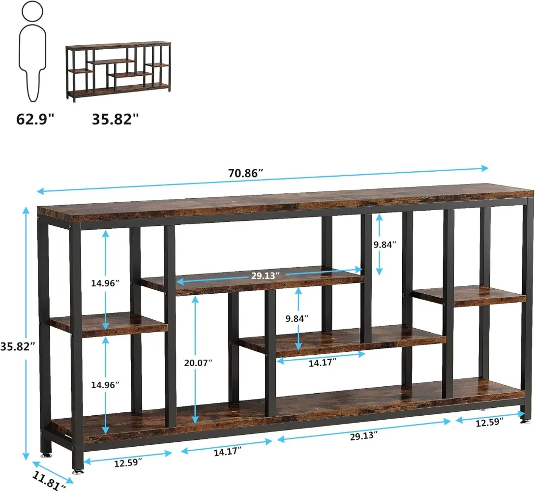 70.9 Inch Extra Long Table Behind Couch W/ Storage Shelves,3-Tier Industrial Narrow Entryway Hallway Accent Table Fr Living Room