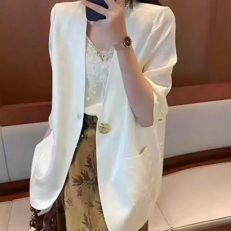 Luxe manches courtes Blazers femmes blanc noir costume été mince veste bureau haut pour femme haut de gamme Blazer Mujer nouveau