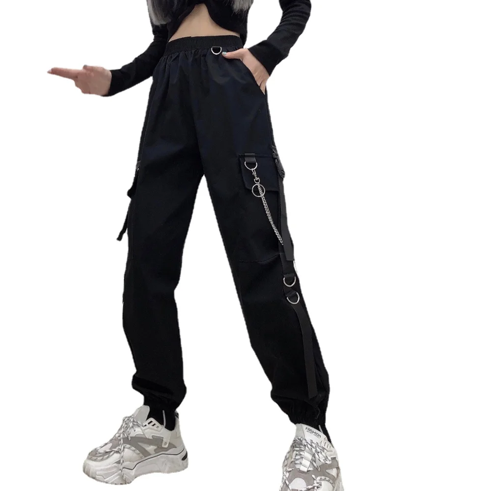 

2024 New Women Cargo Pants Harem Pants Fashion Punk Pockets Jogger Trousers with Chain Elastics High Waist Streetwear