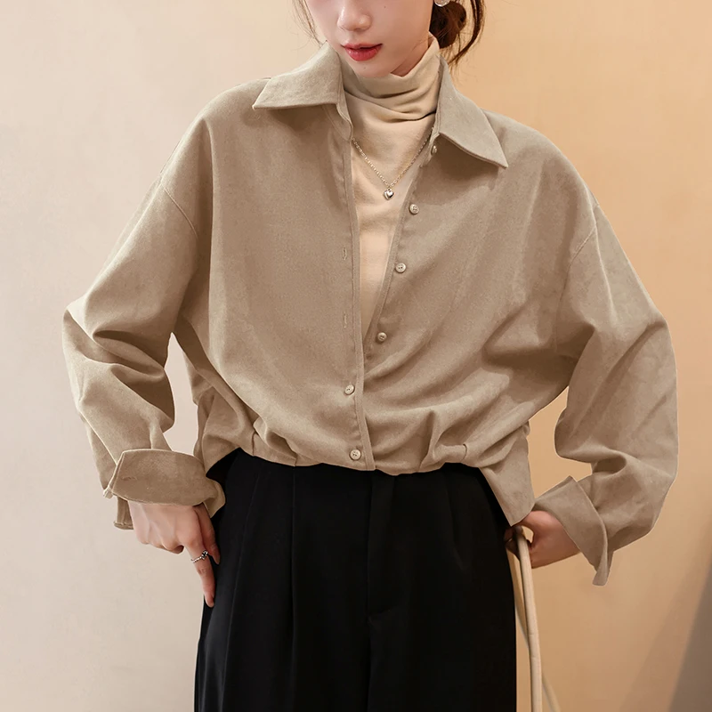 QOERLIN قطعتين ريترو كم طويل قميص مجموعة لخريف شتاء سميكة نحى بلوزة صوف مكتب سيدة أنيقة شيك بلوزة