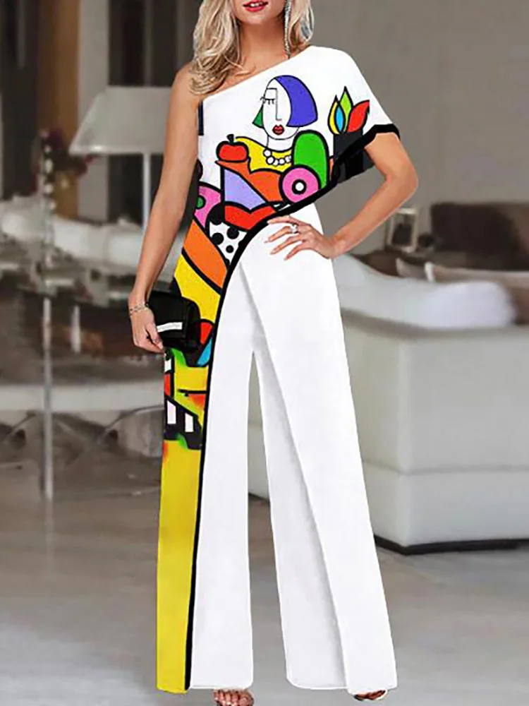 Colorful Ladies Face Print Slim Jumpsuits Summer Off Shoulder Diagonal Collar Sexy Rompers Women Loose Straight Wide Leg Pants