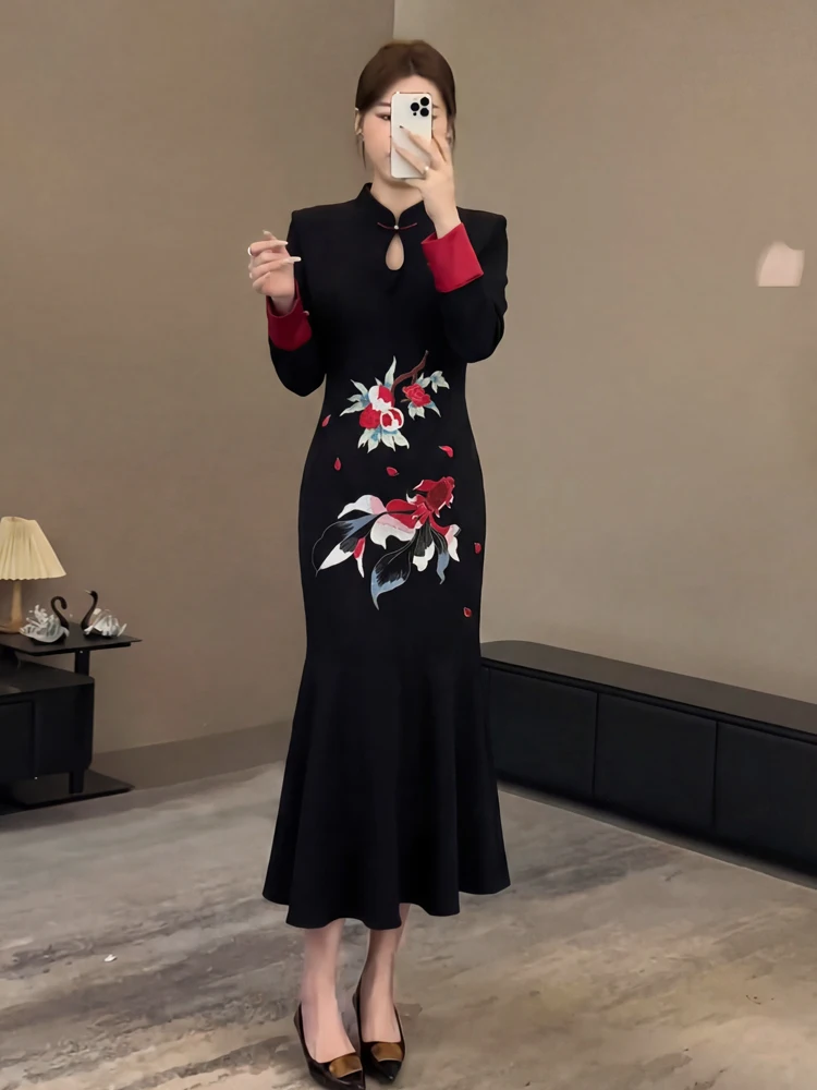 

Длинное вышитое платье-ципао для полных женщин, новинка, специальное предложение к Новому году, с высокой талией, для работы, свиданий, вечеринок