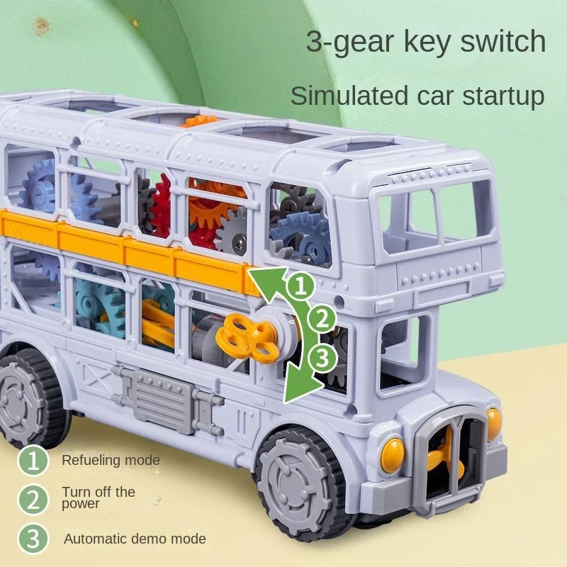 Electronic Gear Bus Car Transparent Double Layer Retro Bus Model Car with Music Led Light Early Education Vehicle Toy for Kids