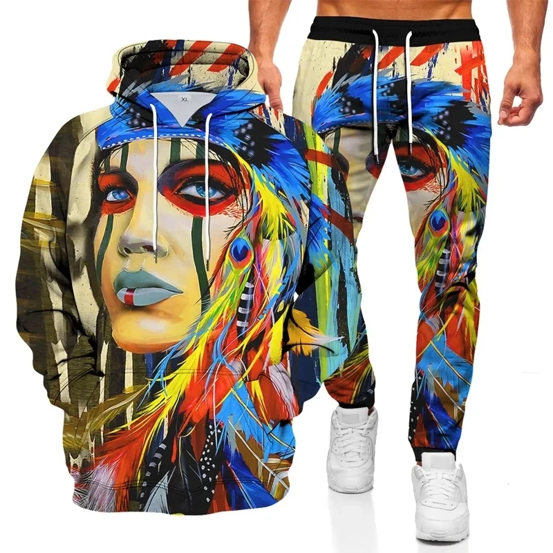 New God Indian Portrait Hoodies For Man Suits Maria Pullovers 3D Printed Men\'s Sweatshirt Set Harajuku Y2K Casual Pant Clothes