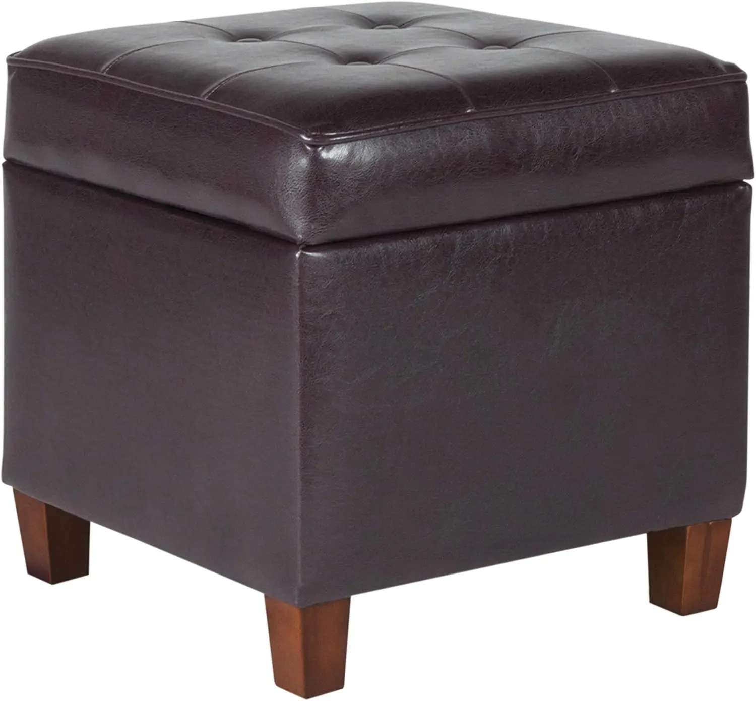 Leatherette Tufted Square Storage Ottoman with Hinged Lid, Brown Small