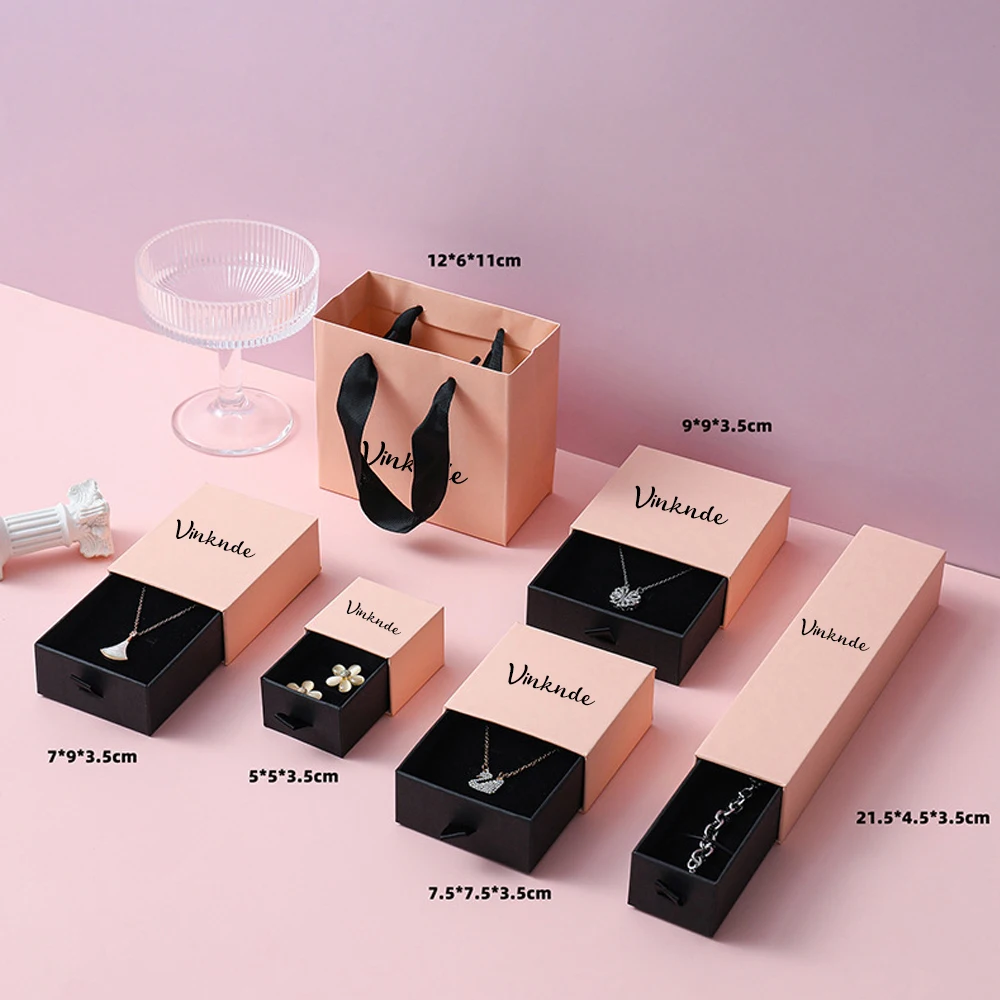 Personalized Logo Jewelry Box Paper Drawer Cardboard Ring Earring Stud Necklace Bracelet Pendant Organizer Bag Packaging Storage