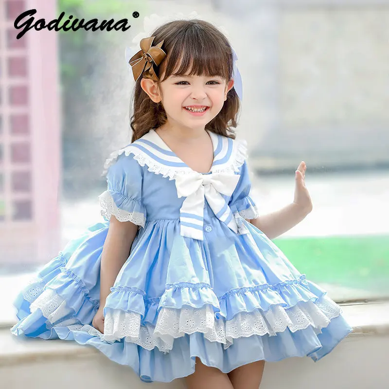 

2026 Summer New Sweet Baby Girls Lolita Dress Kids Cute Preppy Sailor Collar Puff Sleeve Ruffle Trim High Waist Bow Ball Gown