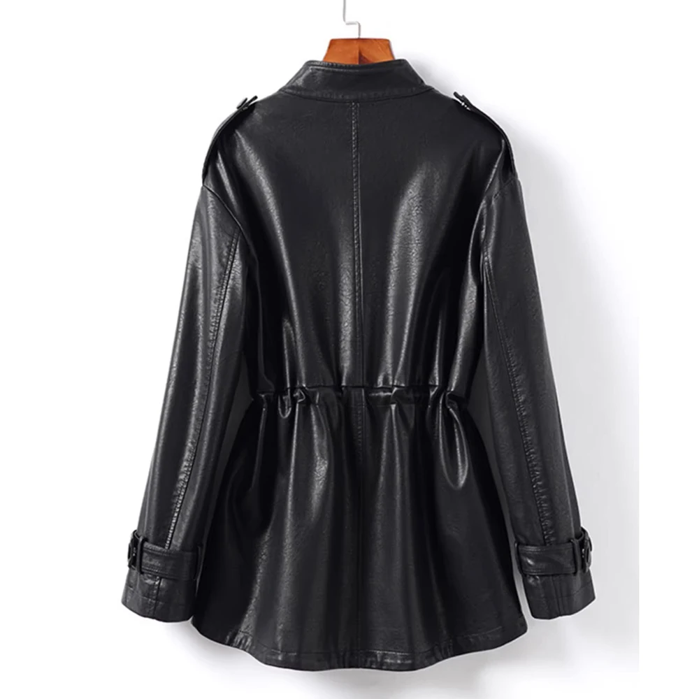 Nueva Chaqueta Corta Casual de Cuero Sintético para Mujer, Moda Primavera Otoño, Cuello Alto, Cintura Ajustable con Cordón, Chaqueta Holgada para Mujer