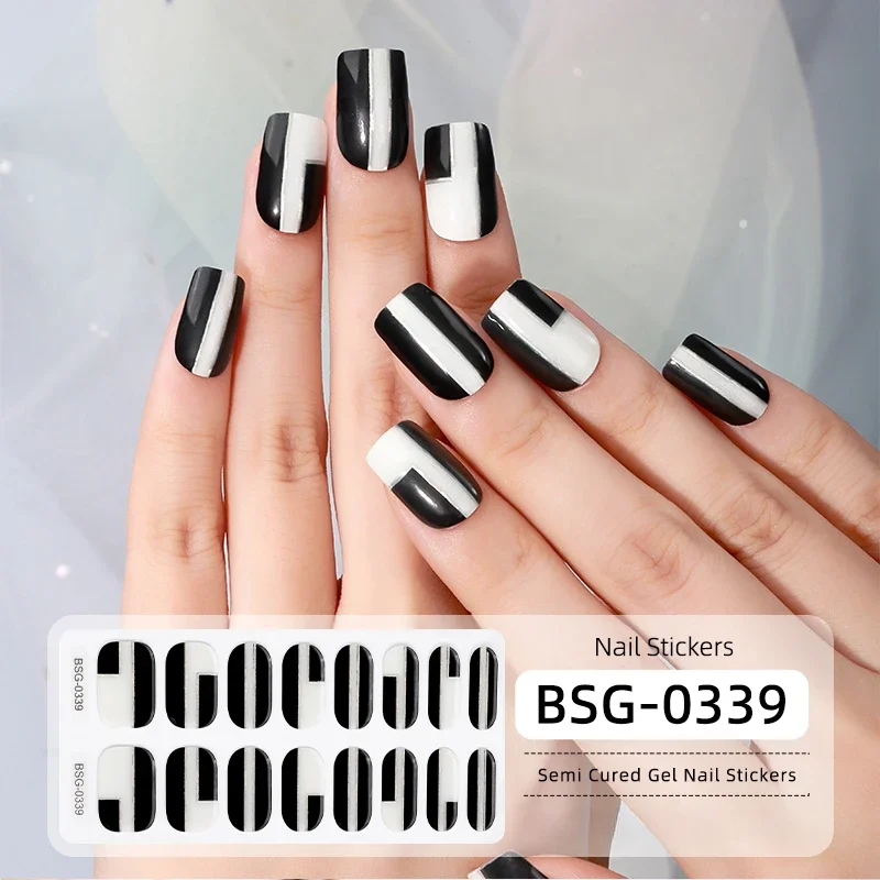 White Edge Semi-Cured Gel Nail Wraps Full Adhesive Waterproof Long Lasting Gel Nail Stickers set for UV Lamp Need French Tips