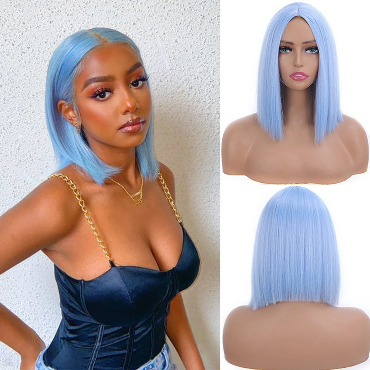 

2025 Fashion Light Blue Synthetic Wig for Women - Short Straight Bob Wigs Middle Part Bangs