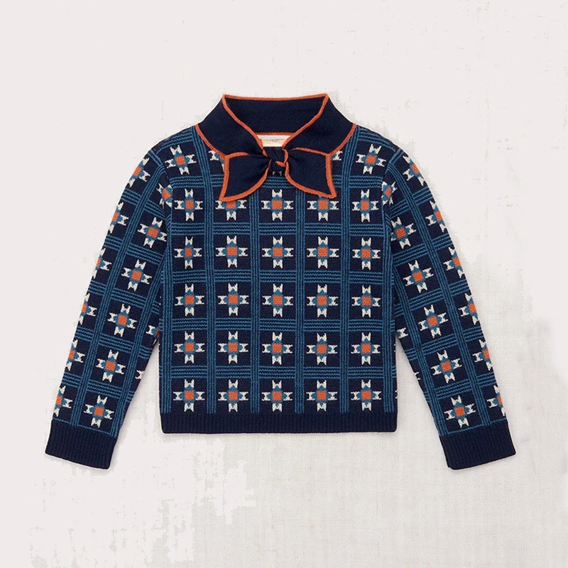 OUYANG&IVAN MP Girls Vintage Jacquard Bow Tie Sweater Pattern Knitwear Autumn Winter Children's Baby Long-sleeved Pullover