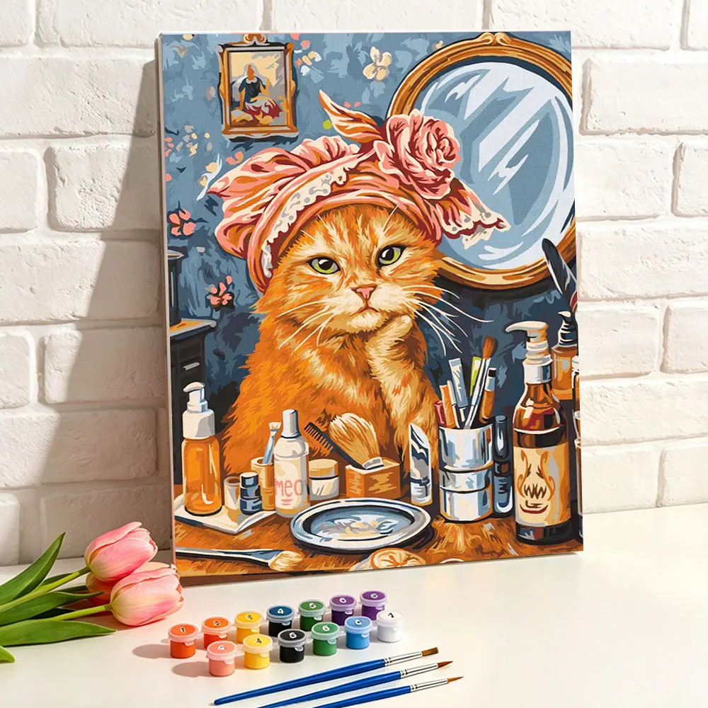 Malen nach Zahlen Ölgemälde auf Leinwand DIY-Sets Rosa Rose mit Kopftuch Katze Tier Malen nach Zahlen Heimdekoration Geschenk