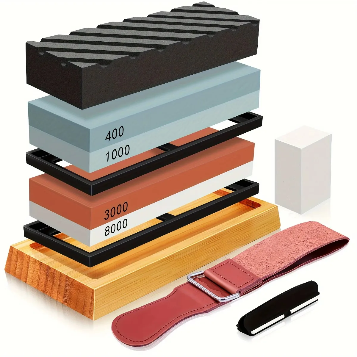

Knife Sharpening Stone Kit 4 Sided Grit 400/1000 3000/8000 with Non Slip Base Leather Strop Set