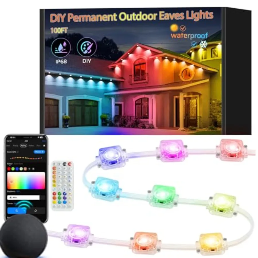 100Feet RGB+IC Permanent Outdoor Lights, Waterproof IP68 Outside DIY Smart LED Lights for House, WiFi App and IR Remote Control