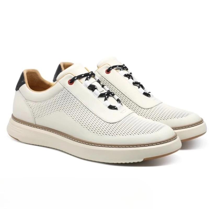 Invisible Heightening Shoes for Men's 6cm Increased Genuine Leather Hollow Breathable Summer Casual Board Shoes Elevated Shoes
