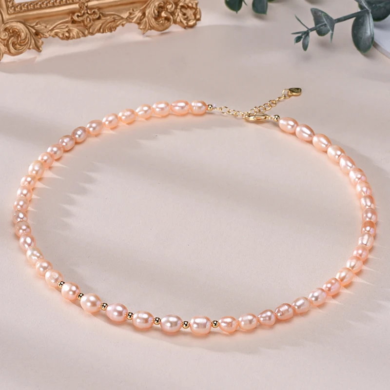 Natural Freshwater Pearls Rice Shape Multicolored Necklace Golden Beads S925 Sterling Silver Chain Fine Jewelry Gifts for Women