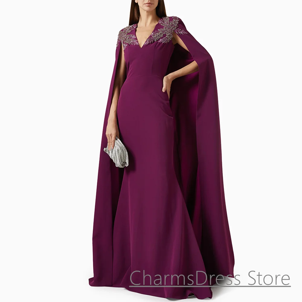 Robe de soirée sirène violette avec cape, col en V personnalisé, perles de cristal, robe de soirée arabe, robes pour occasions spéciales
