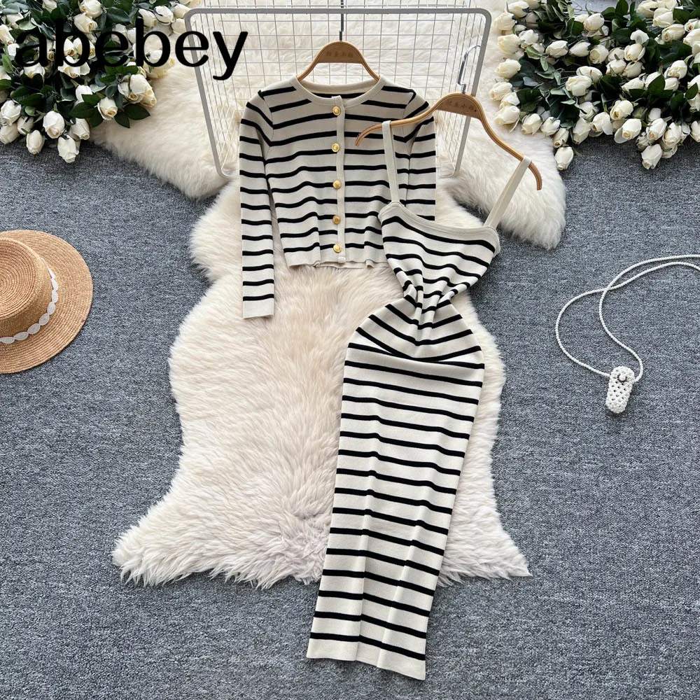 2026 Stripe Casual Two Piece Set Autumn Long Sleeve O Neck Cardigan+Strap Dress Fashion Senior Slim Knit Dress Suits view 5