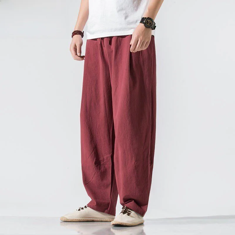 Loose Fit Linen Men's Casual Trousers Large Size Harlan Wide Leg Pants Summer Comfortable Breathable Antibacterial Low Waist