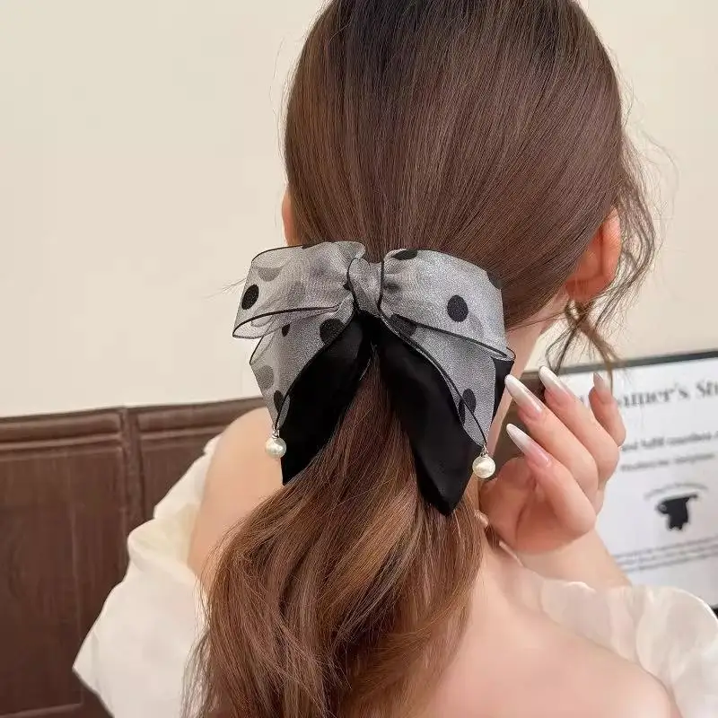 Elegant Gray Polka Dot Bow Hairpin For Women Girls High-end Temperament Ponytail Hair Claw Fashion Hair Accessories Gift view 3