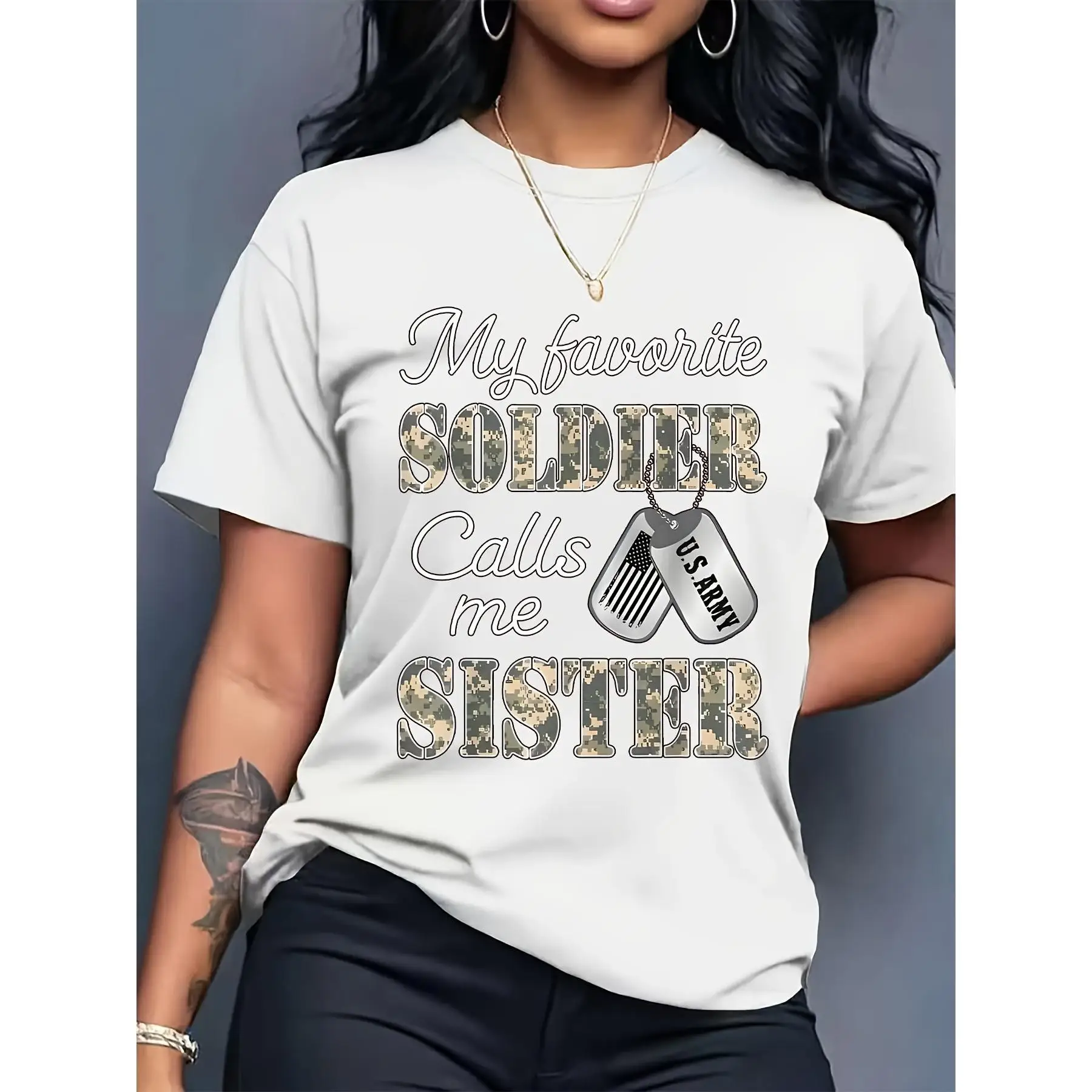 

Women's "My Favorite Soldier Calls Me Sister" Patriotic Military Graphic T-Shirt - 100% Cotton Breathable Casual Short Sleeve