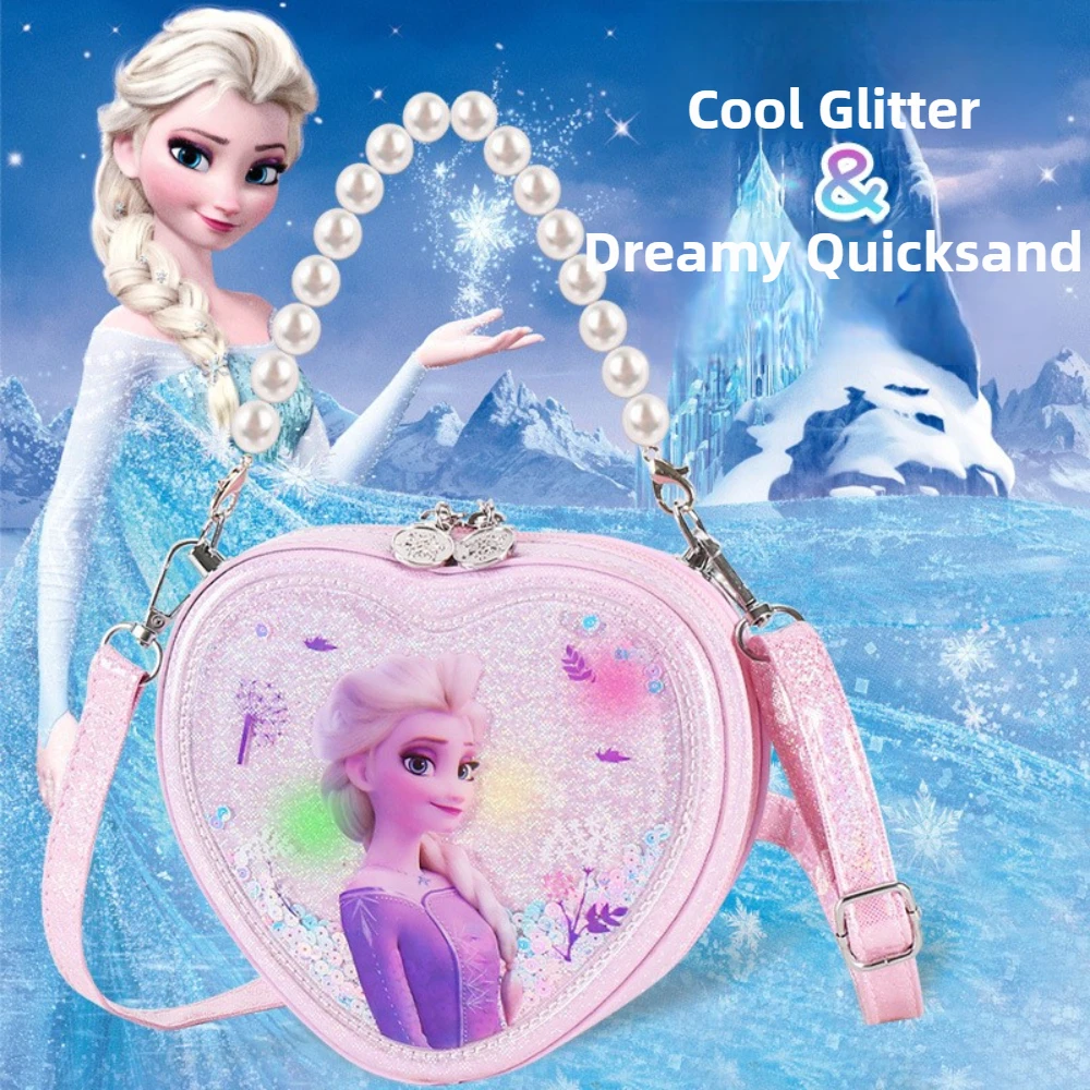 

Disney Frozen Elsa Princess Glitter Heart Crossbody Bag Cute Quicksand Pearl Handle Shoulderbag Purse Kids Girls Fashion Handbag