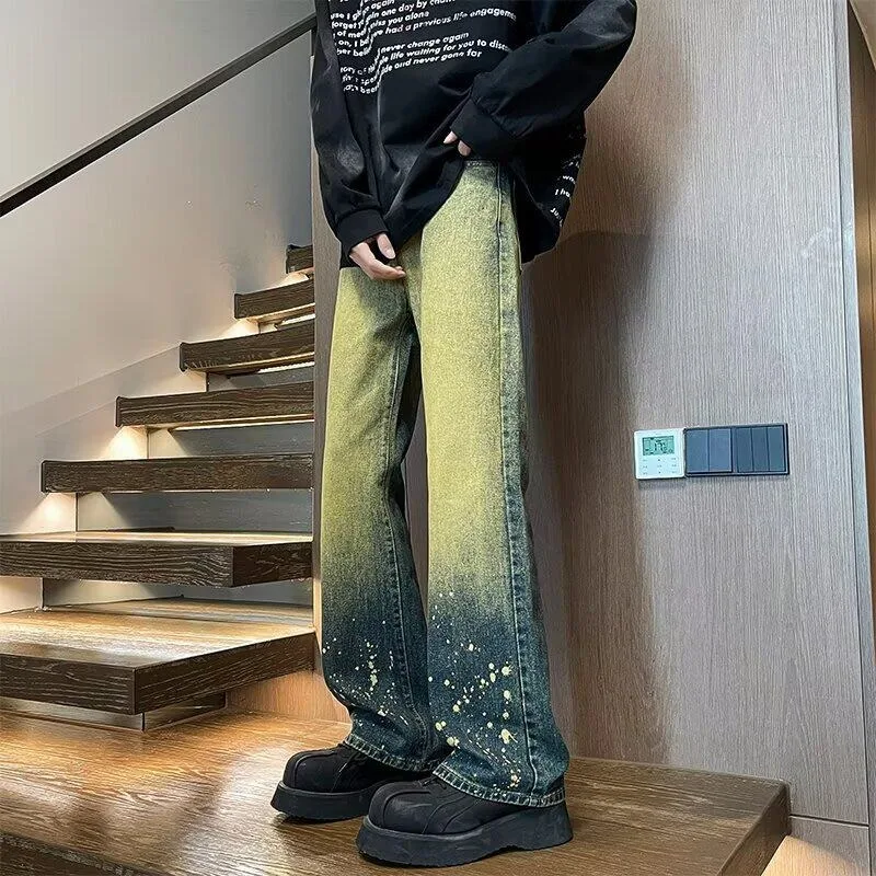 American Retro Blue Splashed Denim Jeans Men's Wide Leg Loose Knife Leggings Slimming Long Leg Straight Micro Flared Pants