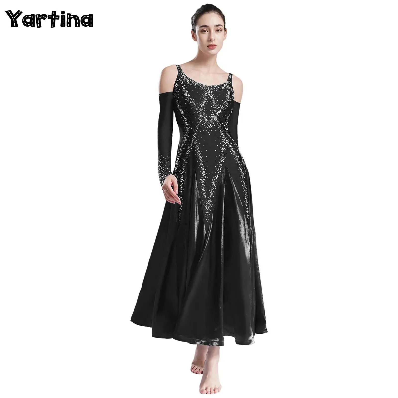 Womens Ballroom Lyrical Dance Costume V Neck Backless Cold Shoulder Wide Hemline Glittery Rhinestones Modern Waltz Flared Dress